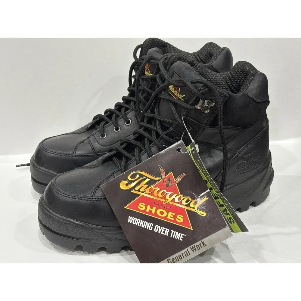 Thorogood Men's 9M Black Leather Steel Toe Work Boots ANSI Z41 Safety Lace UpUSA